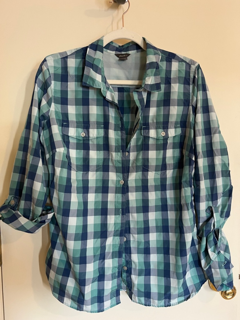 Women’s Eddie Bauer Navy, Teal and White Plaid Button-Up Shirt